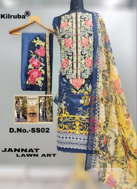 Captivating Navy Blue Pure Cotton Cambric  Pakistani Suits Jannat Lawn Art SS02 By Kilruba SC/016123