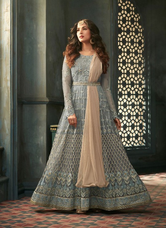 Grey Net Floor Length Anarkali Tihor 5303A Color By Maisha