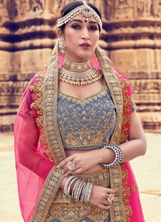 Grey Velvet A Line Bridal Lehenga Choli Zikkara Vol 9 10009 By Zikkra