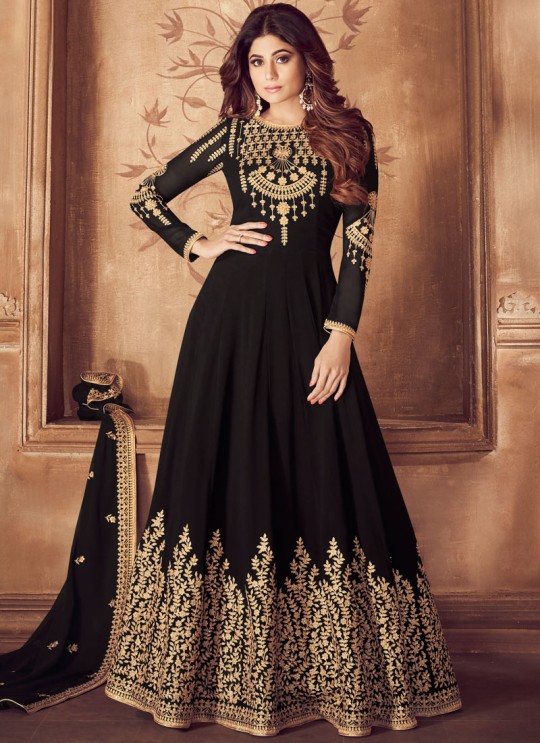 Georgette Embroidered Floor Length Anarkali For Indian Wedding In Black Color Riona Gold 8201 Colors 8201A Colour By Aashirwad Creation SC/015490