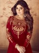 Embroidered Pure Georgette Floor Length Anarkali For Indian Wedding Party In Red Color Riona Gold 8201B