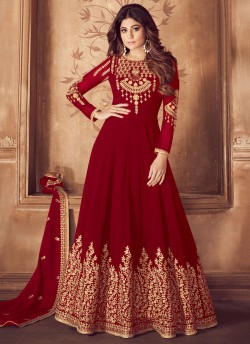 Embroidered Pure Georgette Floor Length Anarkali For Indian Wedding Party In Red Color Riona Gold 8201B