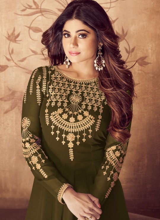 Riona Gold 8201 Colors 8201F Colour By Aashirwad Creation Pure Georgette Embroidered Floor Length Anarkali For Ceremony In Olive Color SC/015495 Riona Gold 8201 Colors 8201F Colour By Aashirwad Creation Pure Georgette Embroidered Floor Length Anarkali For Ceremony In Olive Color SC/015495