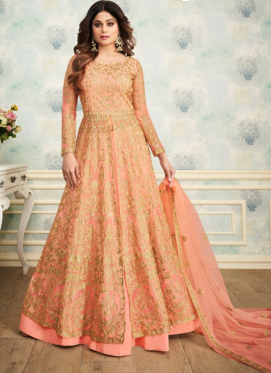 Peach Net Wedding Skirt Kameez Sheesh Mahal 8249 By Aashirwad Creation SC/016049
