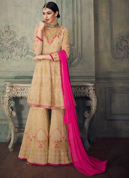 Spectacular Beige Georgette Sharara Suit For Bridesmaids Simona Sarara 8268 By Aashirwad Creation SC/015862