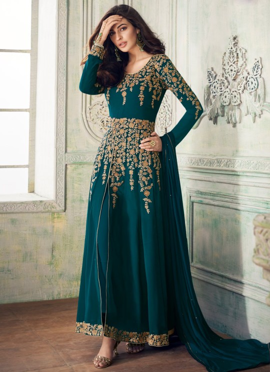 Teal Blue Georgette Embroidered Eid Wear Pakistani Suits Anaya 8204 By Aashirwad Creation SC/015177