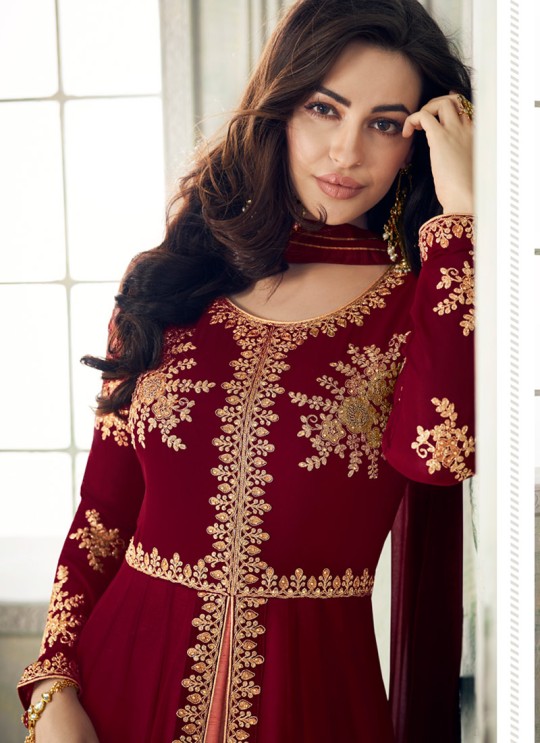 Maroon Georgette Embroidered Eid Wear Skirt Kameez Anaya 8205 By Aashirwad Creation SC/015178