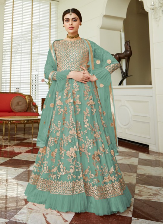 Net Wedding Floor Length Anarkali In Teal Blue Color Celebration Gold 7037B SC/017090