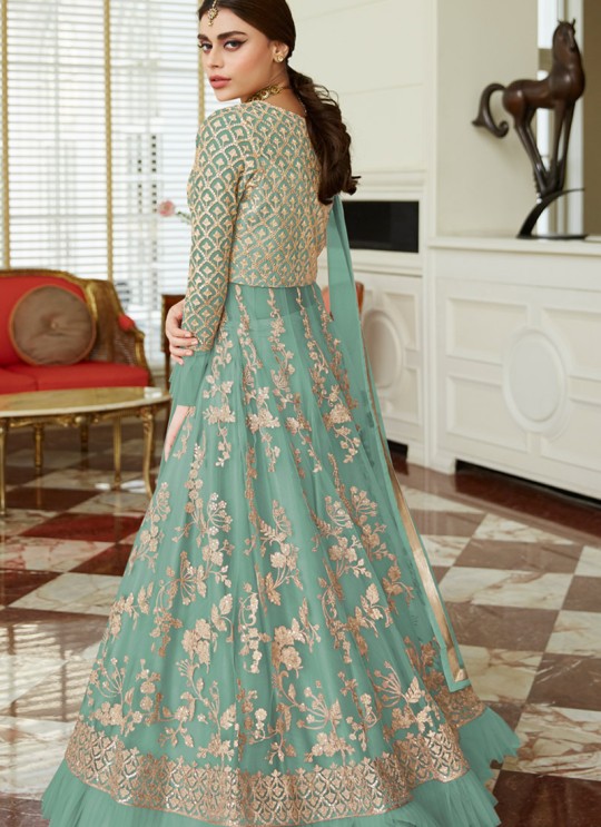 Net Wedding Floor Length Anarkali In Teal Blue Color Celebration Gold 7037B SC/017090