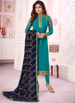 Teal Blue Georgette Churidar Suit With Heavy Dupatta Classic 8280 By Aashirwad