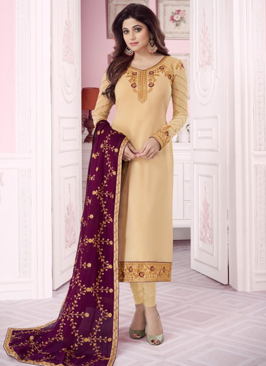 Gold Georgette Churidar Suit With Heavy Dupatta Classic 8283 By Aashirwad