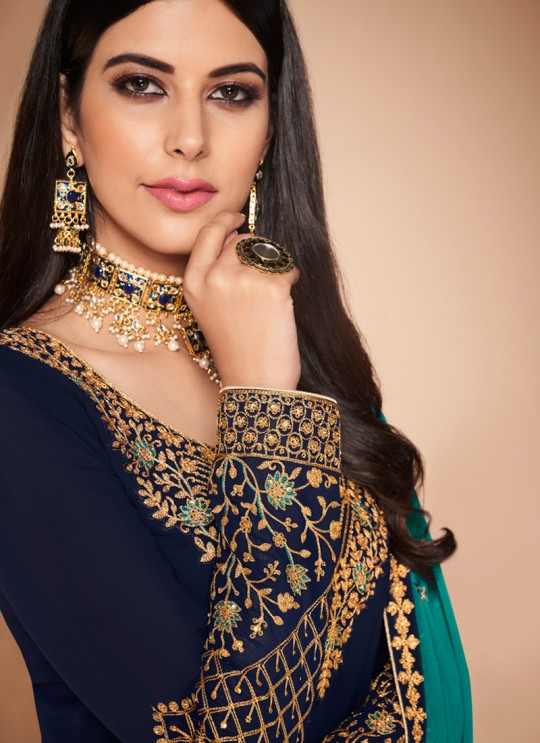 Blue Georgette Embroidered Churidar Suit Cross Stitch 7056 By Aashirwad  SC/016668