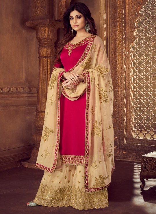 Pure Georgette Embroidered Palazzo Suits For Ring Ceremony In Magenta Color Falak 8209 By Aashirwad Creation SC/015424
