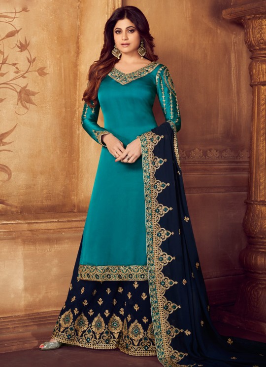 Pure Georgette Embroidered Palazzo Suits For Ring Ceremony In Turquoise Color Falak 8212 By Aashirwad Creation SC/015427