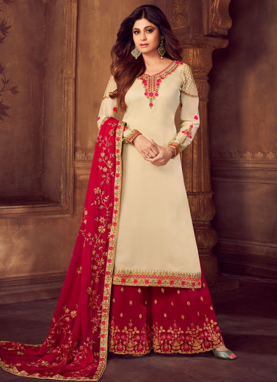 Pure Georgette Embroidered Palazzo Suits For Ring Ceremony In Cream Color Falak 8213 By Aashirwad Creation SC/015428 Pure Georgette Embroidered Palazzo Suits For Ring Ceremony In Cream Color Falak 8213 By Aashirwad Creation SC/015428