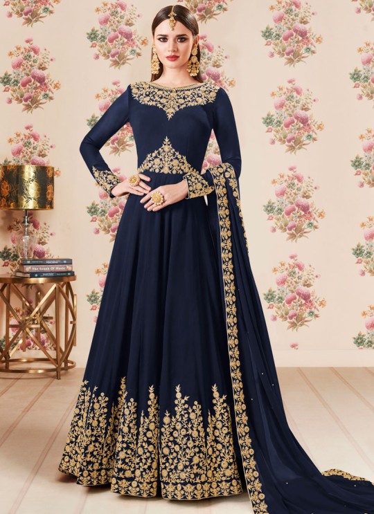 Blue Georgette Embroidered Eid Wear Floor Length Anarkali Gold 8106B Color By Aashirwad Creation SC/014275