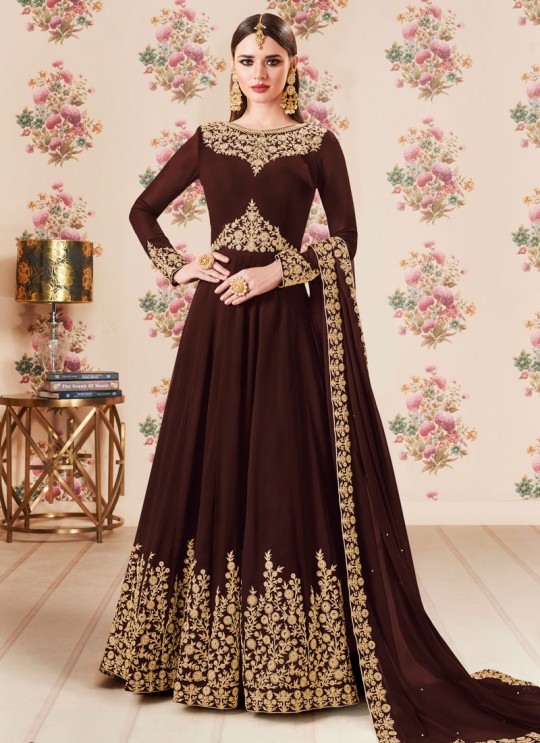 Brown Georgette Embroidered Eid Wear Floor Length Anarkali Gold 8106C Color By Aashirwad Creation SC/014276