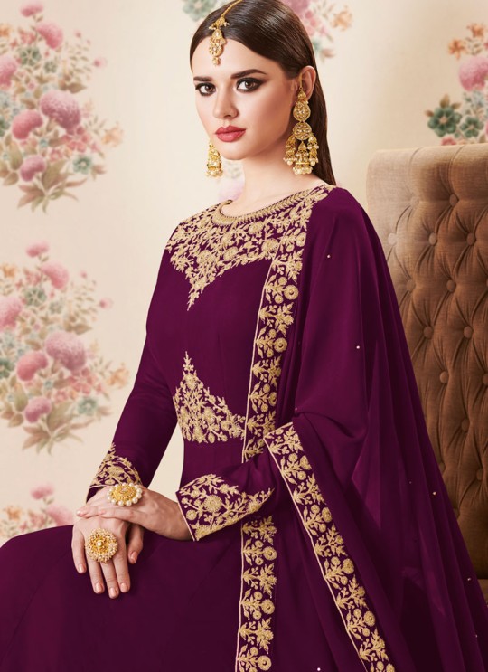 Purple Georgette Embroidered Eid Wear Floor Length Anarkali Gold 8106E Color By Aashirwad Creation SC/014278