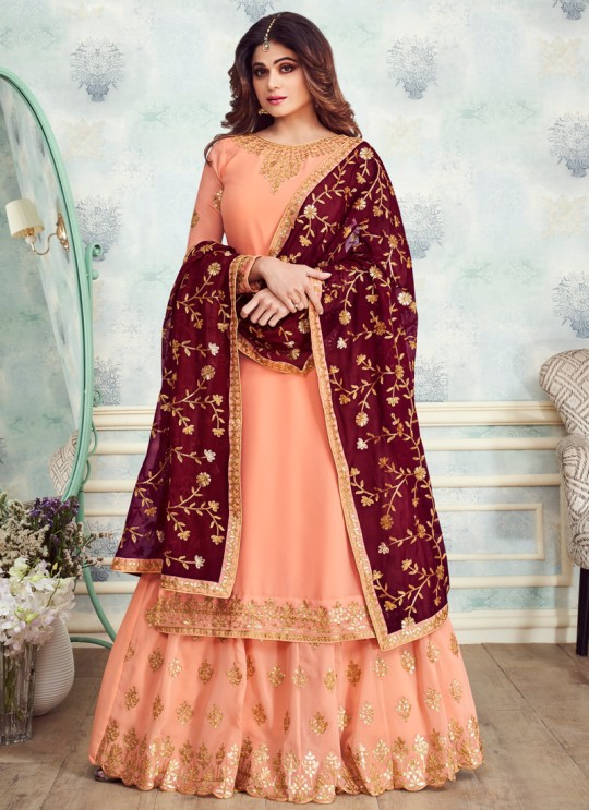 Peach Georgette Embroidered Skirt Kameez For Mehandi Ceremony Gota Pati 8232 By Aashirwad Creation SC/015313