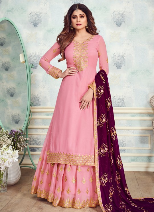 Pink Georgette Embroidered Skirt Kameez For Mehandi Ceremony Gota Pati 8233 By Aashirwad Creation SC/015314