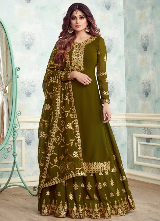 Green Georgette Embroidered Skirt Kameez For Mehandi Ceremony Gota Pati 8234 By Aashirwad Creation SC/015315