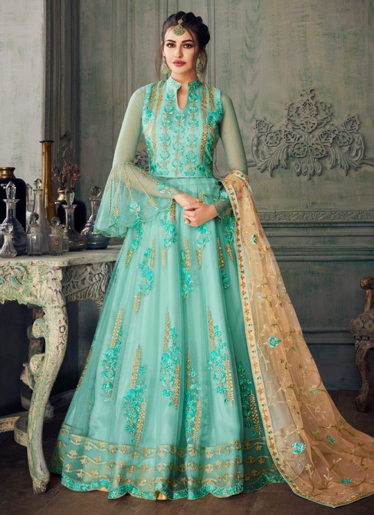 Turquoise Net Embroidered Ceremony Floor Length Anarkali Jannat 8215 By Aashirwad Creation SC/015091