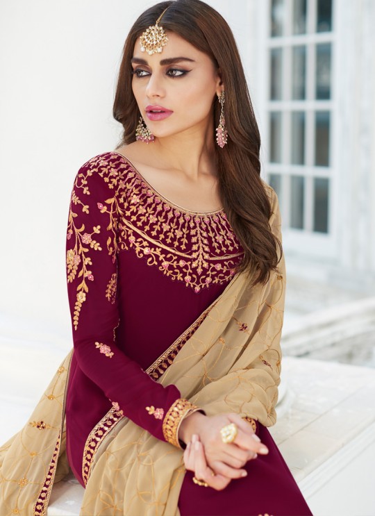 Maroon Georgette Embroidered Staight Cut Suits Mahira-3 7046 By Aashirwad  SC/016523