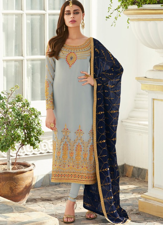 Grey Georgette Embroidered Staight Cut Suits Mahira-3 7049 By Aashirwad  SC/016526