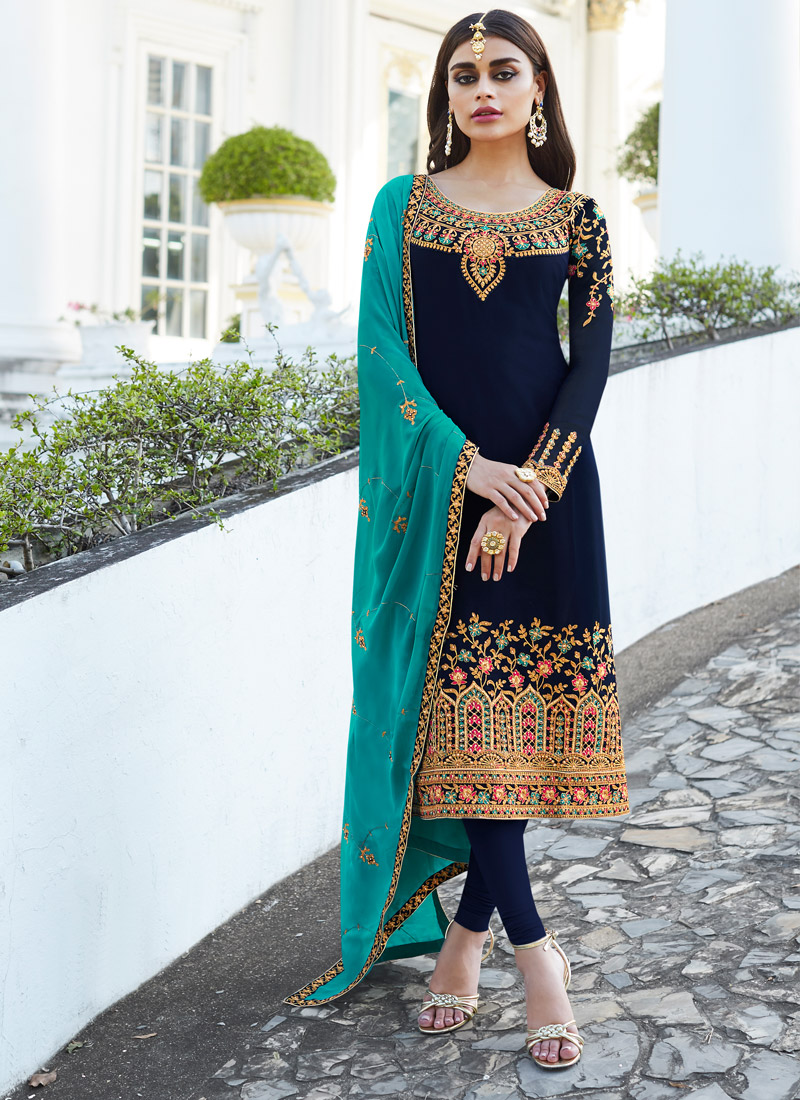 Online Royal Blue Georgette Embroidered Staight Cut Suits Mahira-3 7050 ...