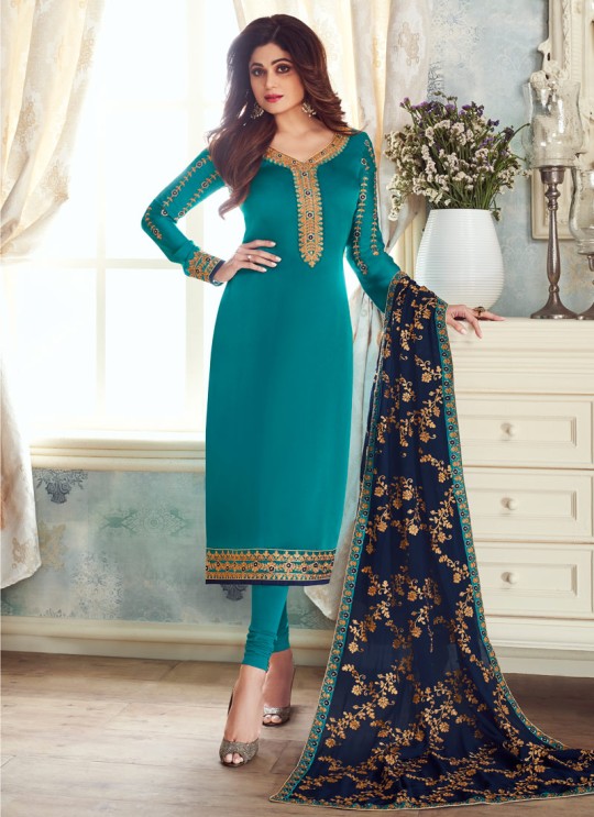 Pure Georgette Embroidered Churidar Suits Festival Wear In Turquoise Color Mahira Vol 2 8239 By Aashirwad Creation SC/015487