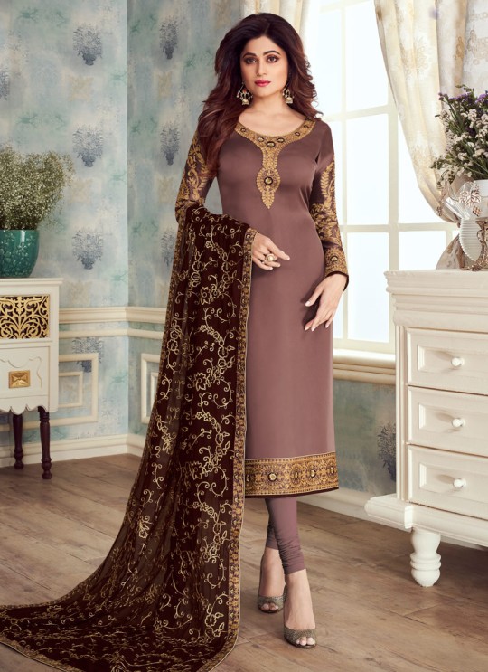 Pure Georgette Embroidered Churidar Suits Festival Wear In Brown Color Mahira Vol 2 8237 By Aashirwad Creation SC/015485