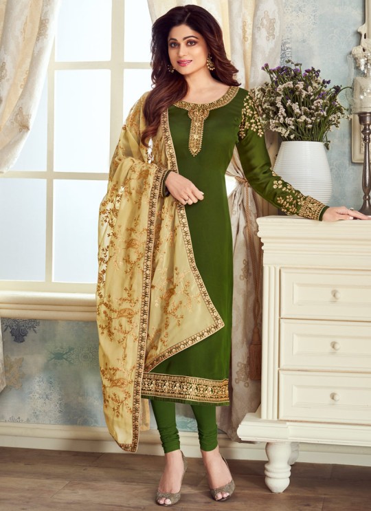 Pure Georgette Embroidered Churidar Suits Festival Wear In Olive Color Mahira Vol 2 8240 By Aashirwad Creation SC/015488