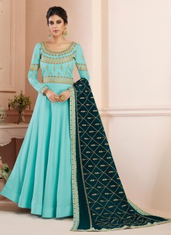 Tussar Silk Wedding Gown Style Anarkali In Turquoise Color Misty 7108 SC/017182