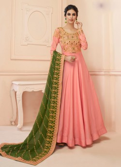 Tussar Silk Wedding Gown Style Anarkali In Pink Color Misty 7109 SC/017183