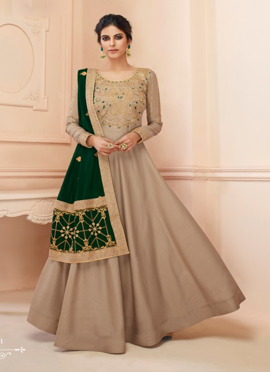 Tussar Silk Wedding Gown Style Anarkali In Beige Color Misty 7111 SC/017185
