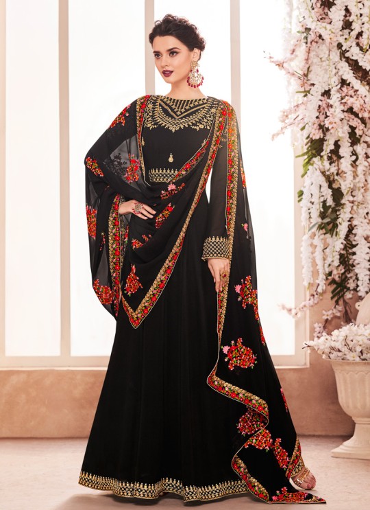 Georgette Ceremony Gown Style Anarkali In Black Color Kashmira 8125 SC/013139