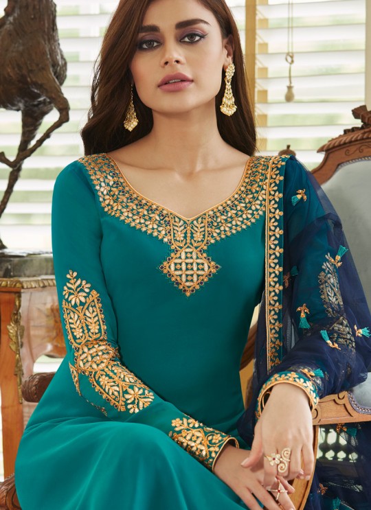 Firozi Georgette Embroidered Staight Cut Suits Mohra 7064 By Aashirwad  SC/016612