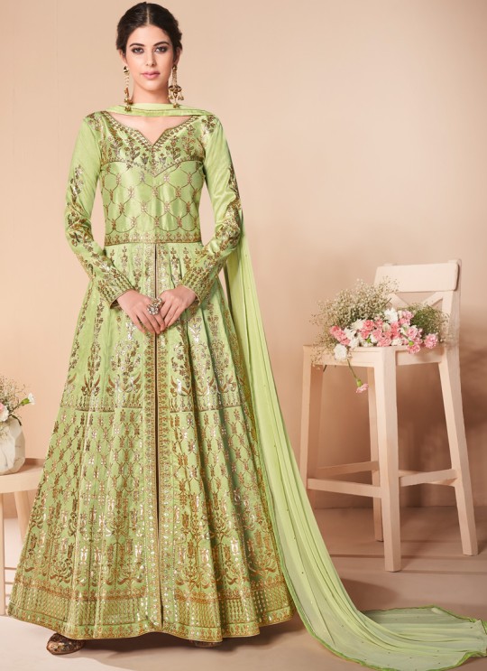 Green Mulberry Silk Embroiderd Anarkali Suit Mor Bagh Festive 7017 By Aashirwad Creation SC/016812