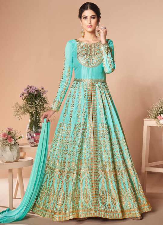 Blue Mulberry Silk Embroiderd Anarkali Suit Mor Bagh Festive 7019 By Aashirwad Creation SC/016814
