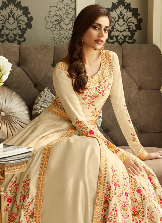 Embroiderd Anarkali Suit In Cream Color Mor bagh Queen 7053 By Aashirwad Creation SC/016797