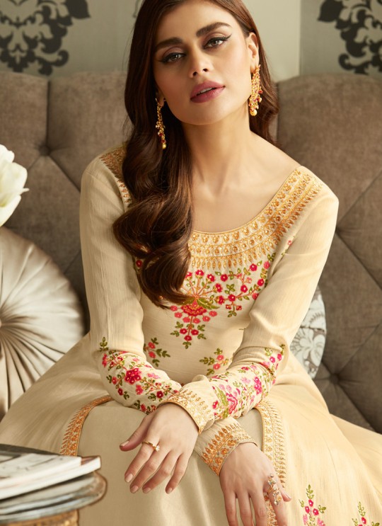Embroiderd Anarkali Suit In Cream Color Mor bagh Queen 7053 By Aashirwad Creation SC/016797
