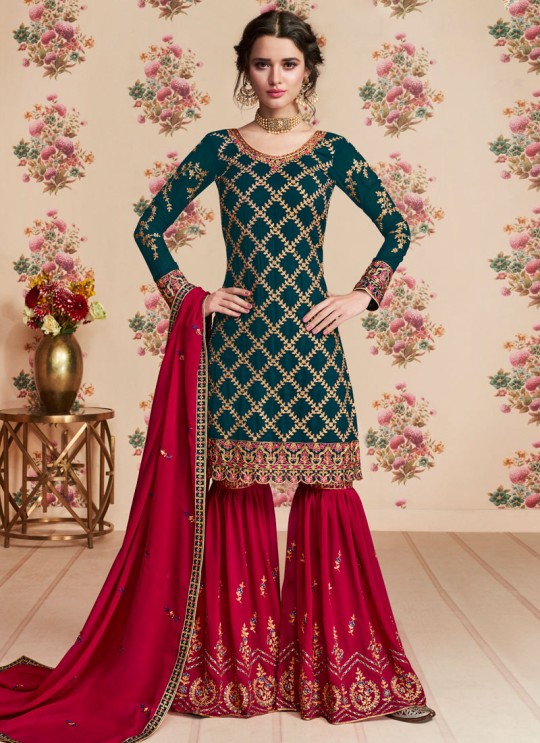 Teal Georgette Embroidered Eid Wear Sharara Kameez Nafiza 8195 By Aashirwad Creation SC/014432