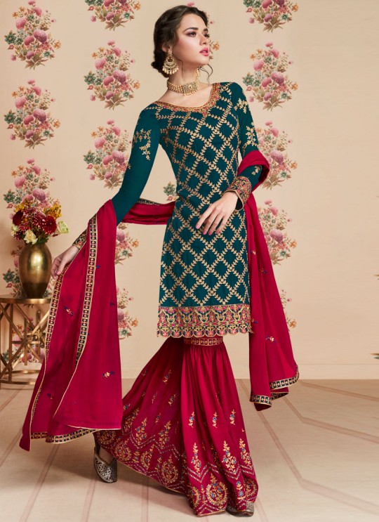 Teal Georgette Embroidered Eid Wear Sharara Kameez Nafiza 8195 By Aashirwad Creation SC/014432 Teal Georgette Embroidered Eid Wear Sharara Kameez Nafiza 8195 By Aashirwad Creation SC/014432