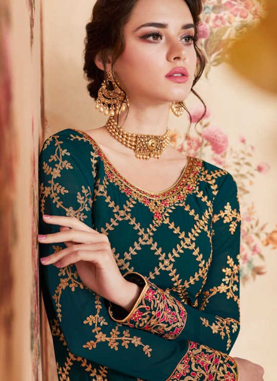 Teal Georgette Embroidered Eid Wear Sharara Kameez Nafiza 8195 By Aashirwad Creation SC/014432