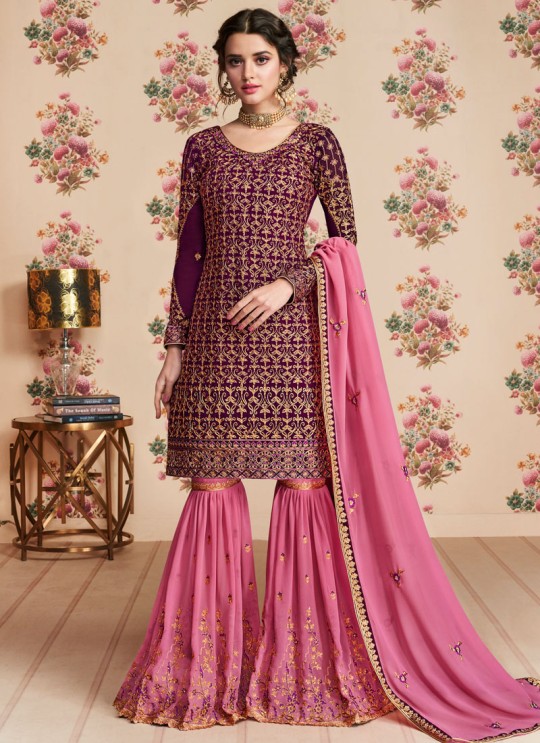 Purple Georgette Embroidered Eid Wear Sharara Kameez Nafiza 8196 By Aashirwad Creation SC/014433 Purple Georgette Embroidered Eid Wear Sharara Kameez Nafiza 8196 By Aashirwad Creation SC/014433