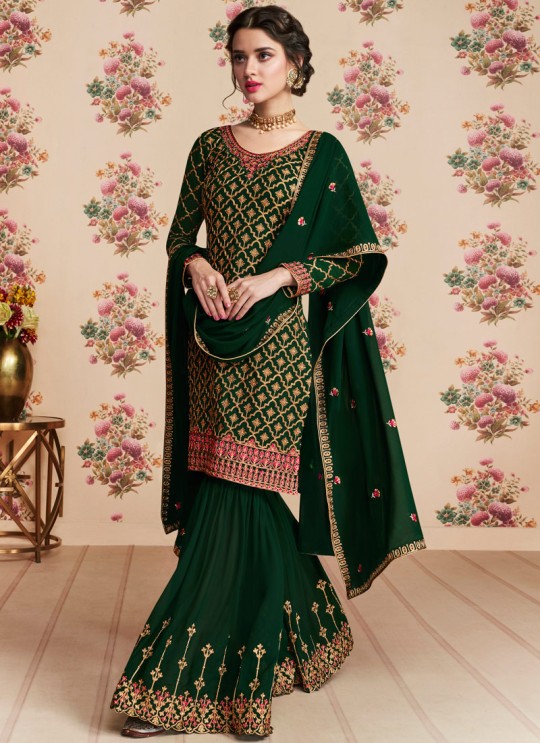 Green Georgette Embroidered Eid Wear Sharara Kameez Nafiza 8197 By Aashirwad Creation SC/014434