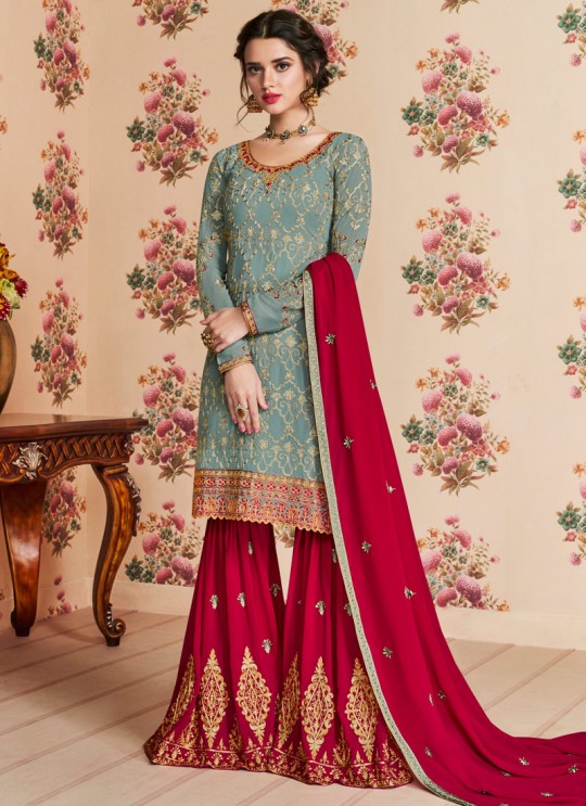 Grayish Green Georgette Embroidered Eid Wear Sharara Kameez Nafiza 8198 By Aashirwad Creation SC/014435 Grayish Green Georgette Embroidered Eid Wear Sharara Kameez Nafiza 8198 By Aashirwad Creation SC/014435