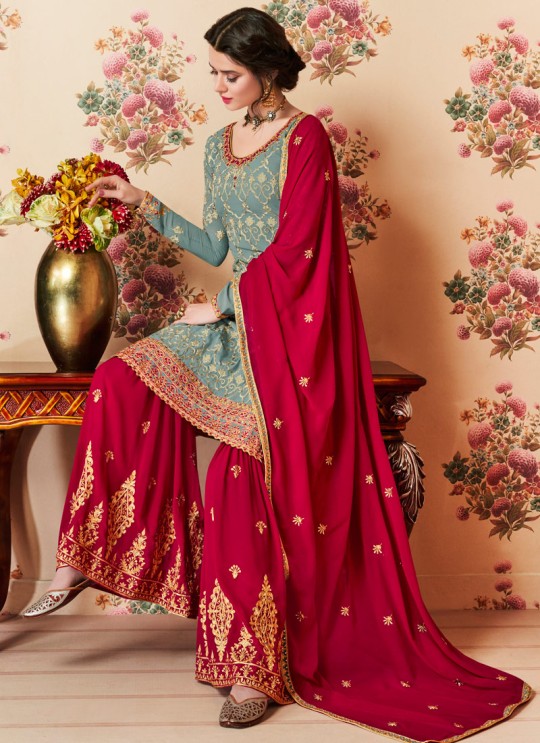 Grayish Green Georgette Embroidered Eid Wear Sharara Kameez Nafiza 8198 By Aashirwad Creation SC/014435 Grayish Green Georgette Embroidered Eid Wear Sharara Kameez Nafiza 8198 By Aashirwad Creation SC/014435