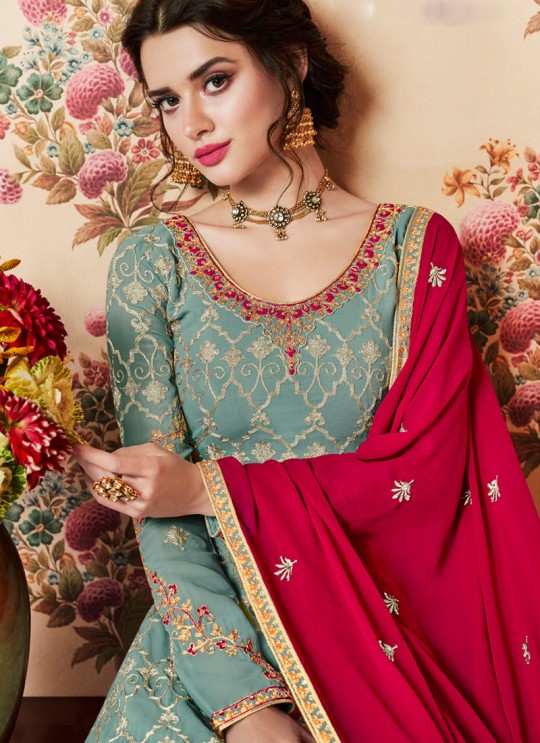 Grayish Green Georgette Embroidered Eid Wear Sharara Kameez Nafiza 8198 By Aashirwad Creation SC/014435
