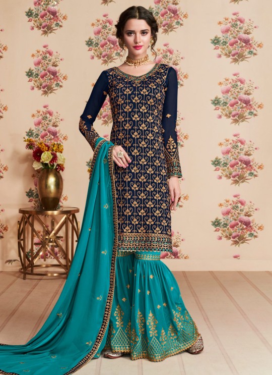Navy Blue Georgette Embroidered Eid Wear Sharara Kameez Nafiza 8199 By Aashirwad Creation SC/014436 Navy Blue Georgette Embroidered Eid Wear Sharara Kameez Nafiza 8199 By Aashirwad Creation SC/014436